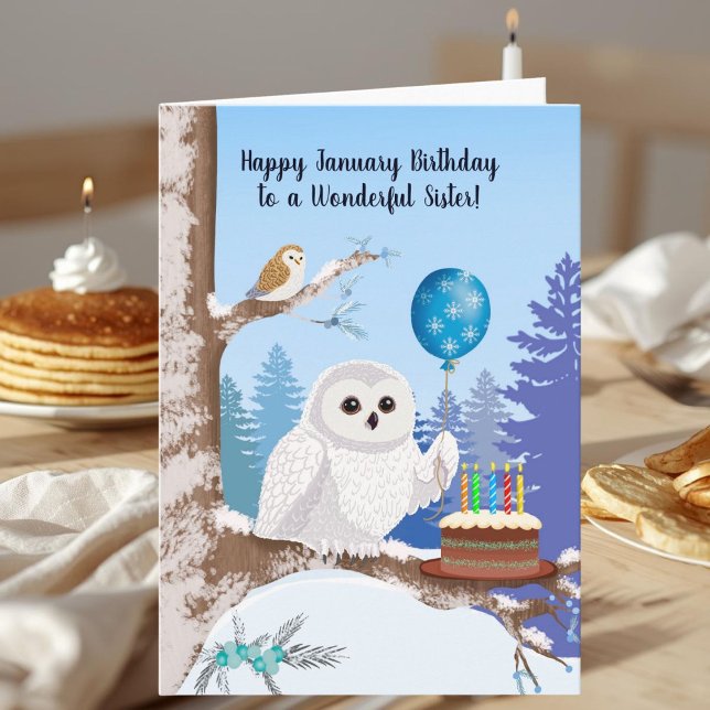 Cartão Sister Happy January Birthday Snowy Owl (Criador carregado)