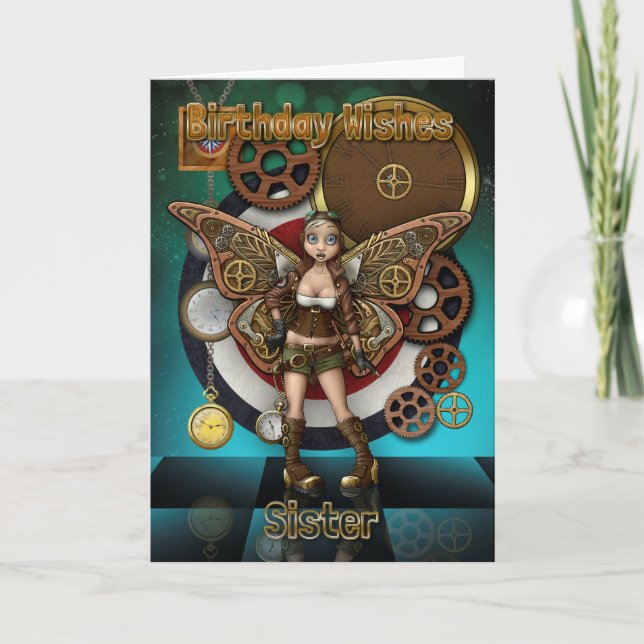 Cartão Sister Steempunk Fairy, Cogs And Clocks (Frente)