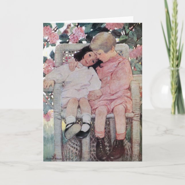 Cartão Sisters under Blossoms, Jessie Willcox Smith (Frente)