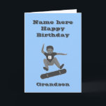 Cartão Skateboarding Boy, Grandson Birthday add name age<br><div class="desc">A boy drawn in shades of gray ,  doing a Heel Flip on a skateboard,  with age on his tee shirt. Add his name,  and change the age on front, if you can't find a version with correct age. Change relationship if required.</div>