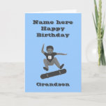 Cartão Skateboarding Boy, Grandson Birthday add name age<br><div class="desc">A boy drawn in shades of gray ,  doing a Heel Flip on a skateboard,  with age on his tee shirt. Add his name,  and change the age on front, if you can't find a version with correct age. Change relationship if required.</div>