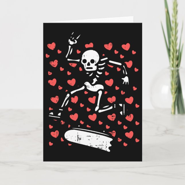 Cartão Skateboarding Skeleton Heart Valentines Day Love S (Frente)