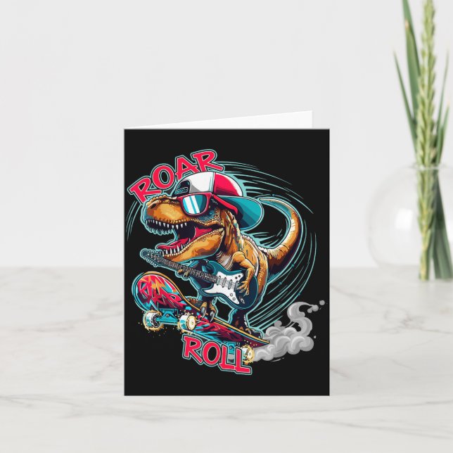 Cartão Skater Guitar T-rex Roar Roll Dinosaur For Boys Me (Frente)