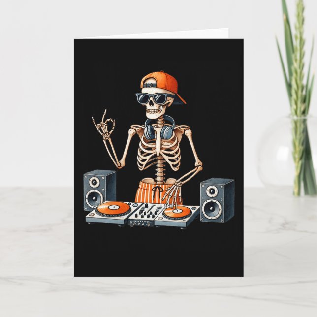 Cartão Skeleton Dj Halloween Costume Turntable Music Funn (Frente)