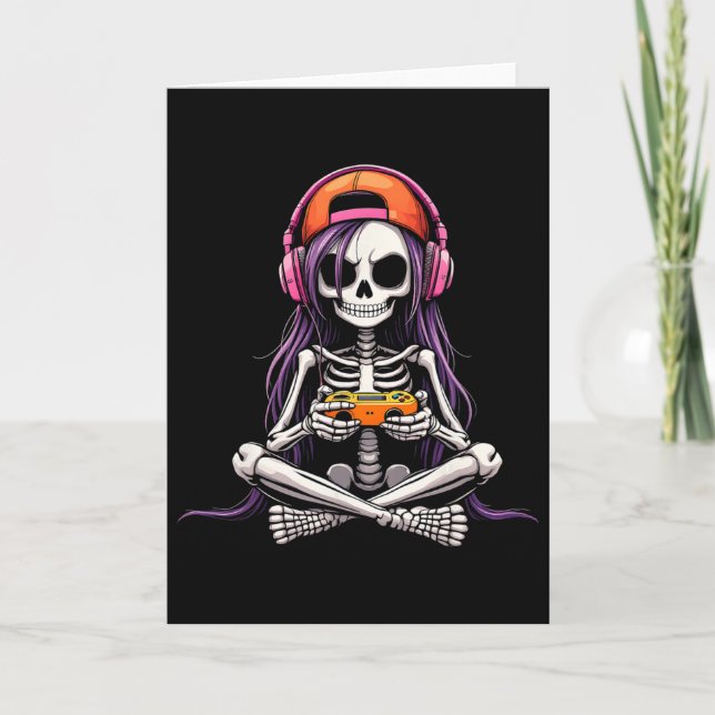 Cartão Skeleton Girl Gamer Funny Halloween Costume Spooky (Frente)