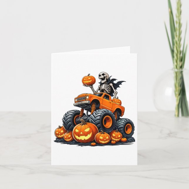 Cartão Skeleton Riding Monster Truck Halloween Pumpkin Ki (Frente)