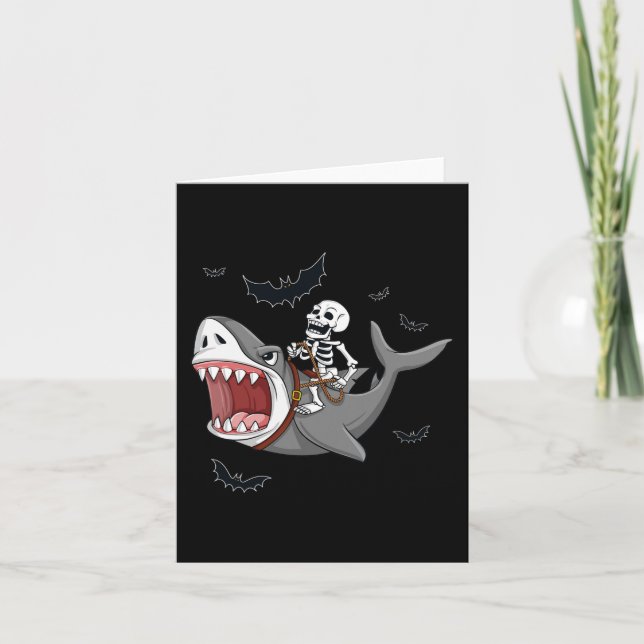 Cartão Skeleton Riding Shark Scary Halloween Boys Garotas (Frente)