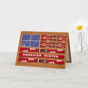 Cartão Skis e Snowflakes USA Flag com Muro de Madeira