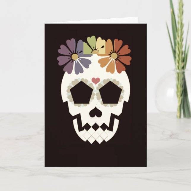 Cartão Skull With Flowers Sepia Greeting Card (Frente)