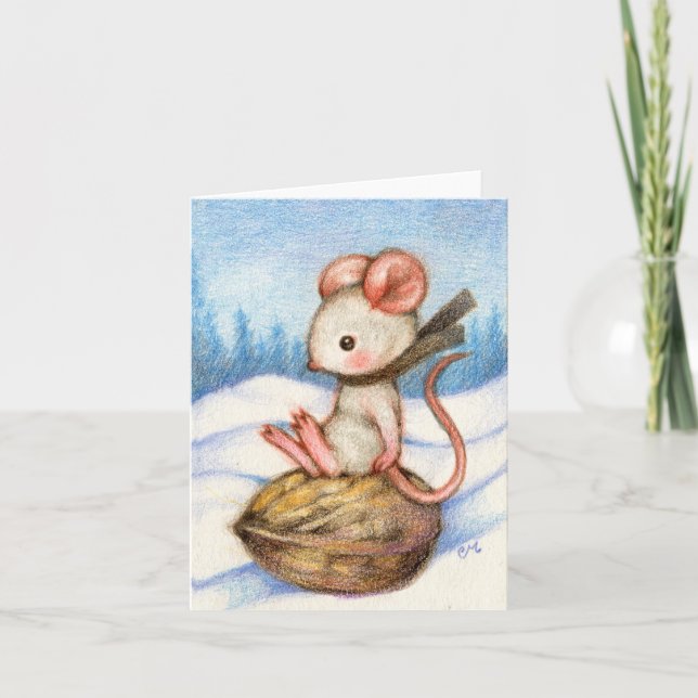 Cartão Sledding Mouse Cute Holiday Winter Greeting Card (Frente)