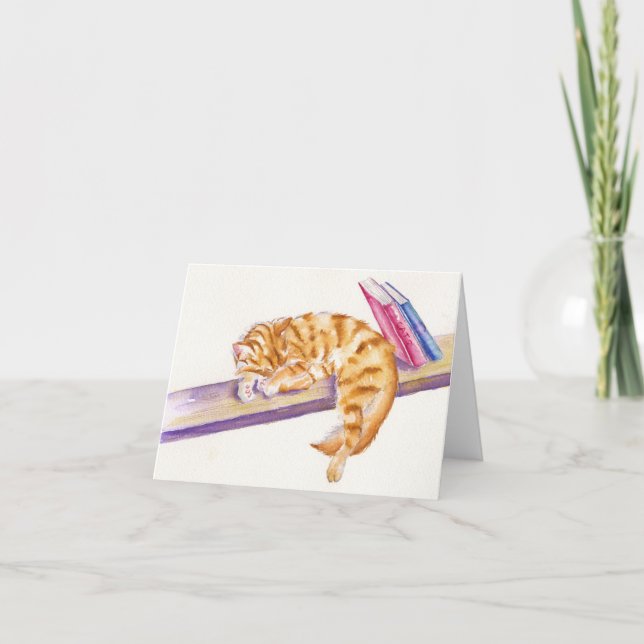 Cartão Sleeping Ginger Kitten with books Greetings Card (Frente)
