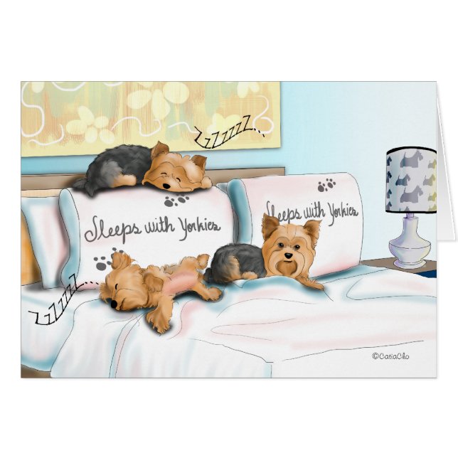 Cartão Sleeps with Yorkies (Frente Horizontal)