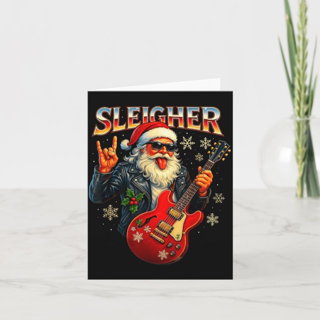 Cartão Sleigher Rock Santa Funny Metal Christmas Design  (Frente)