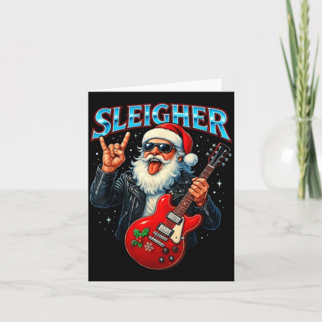 Cartão Sleigher Rock Santa Funny Metal Christmas Design  (Frente)