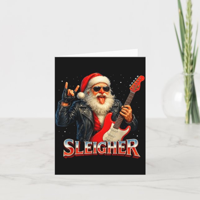 Cartão Sleigher Rock Santa Funny Metal Christmas Design  (Frente)