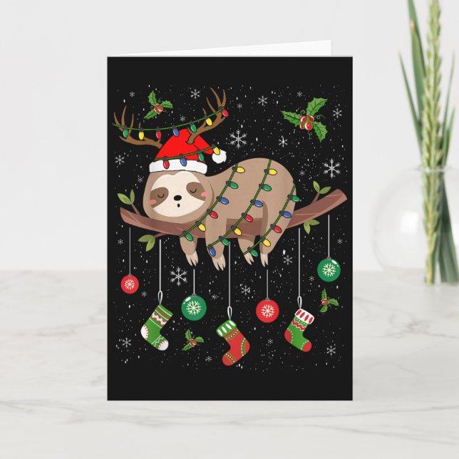 Cartão Sloths Xmas Lighting Reindeer Santa Hat Sloth Chri (Frente)