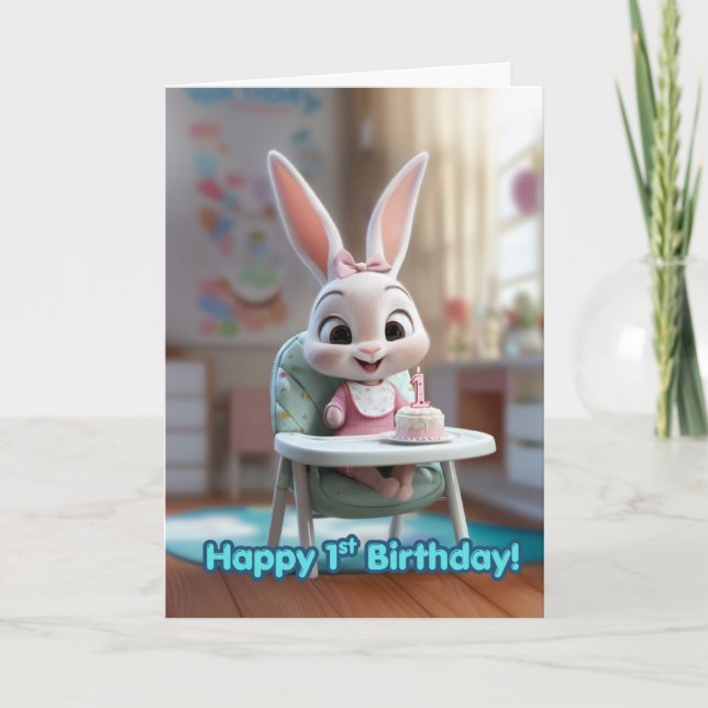 Cartão Smiling Baby Bunny in High Chair w/ 1st Bday Cake (Frente)