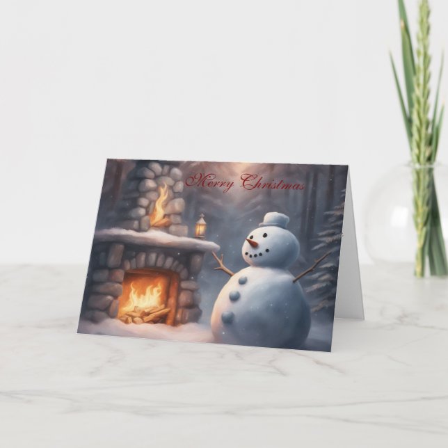 Cartão Snowman by an outdoor fire place Christmas (Frente)