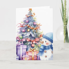 Cartão Snowman de Aquarela com Árvore Azul de Escarf e Xm