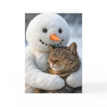 Snowman de Natal Abraçando um Gato de Tabby