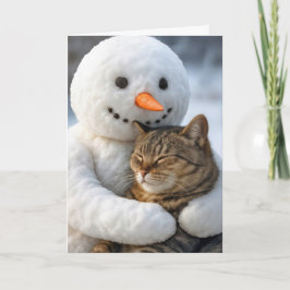 Cartão Snowman de Natal Abraçando um Gato de Tabby