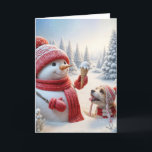 Cartão Snowman De Natal Com Cone Sorvete<br><div class="desc">Um bonitão vestindo um chapéu vermelho e um cachecol segura um cone sorvete com um cão olhando para ele sentado em neve profunda. O texto pode ser alterado.</div>