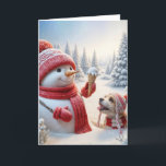 Cartão Snowman De Natal Com Cone Sorvete<br><div class="desc">Um bonitão vestindo um chapéu vermelho e um cachecol segura um cone sorvete com um cão olhando para ele sentado em neve profunda. O texto pode ser alterado.</div>