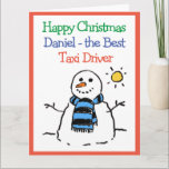 Cartão Snowman Design Happy Christmas Taxi Driver<br><div class="desc">Feliz Natal para um taxista. Cartoon engraçado de um boneco de neve no sol de inverno. Adicionar uma mensagem do remetente.</div>