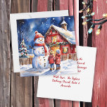 Cartão Snowman e Children Vintage Fazenda Natal<br><div class="desc">Duas crianças pequenas olhando para o boneco de neve em uma noite de inverno nevada em uma fazenda de colheita rústica.</div>
