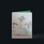 Cartão snowman greeting card<br><div class="desc">An original watercolor with a snowman,  flower crowns and chickadees printed on the front of this greeting card,  inside the background color is green.  A great card to cheer someone,  or just to say hello.  Also could be nice for Christmas.  painting by Kristina Anderson</div>