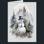 Cartão Snowman in the Forest com Red JOY<br><div class="desc">Uma bela imagem de um boneco de neve na floresta com uma alegria vermelha brilhante chegando até você Dentro é FELIZ HOLIDAYS em vermelho E Melhores Desejos para o Ano Novo em preto</div>
