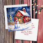 Cartão Snowman no Natal da Fazenda Vintage<br><div class="desc">Doce bonitão velho de neve numa noite de inverno nevada numa fazenda vintage rústica.</div>