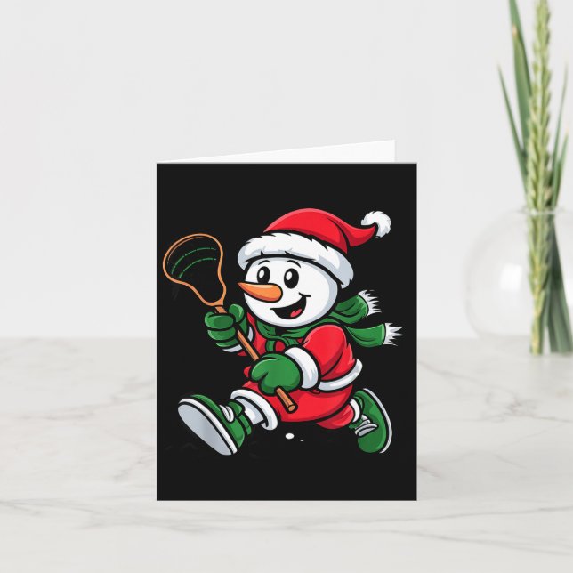 Cartão Snowman Santa Hat Playing Lacrosse Christmas Playe (Frente)