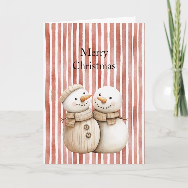 Cartão Snowman Snow Couple Red Stripes Christmas  (Frente)