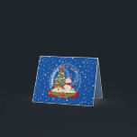 Cartão Snowman Snow Globe<br><div class="desc">Snowman Snow Globe Card Snowy Scenery com uma árvore de Natal decorada, presentes, arcos e renas com lenços. Não agite muito duro. Feliz feriado feito em carta branca.</div>
