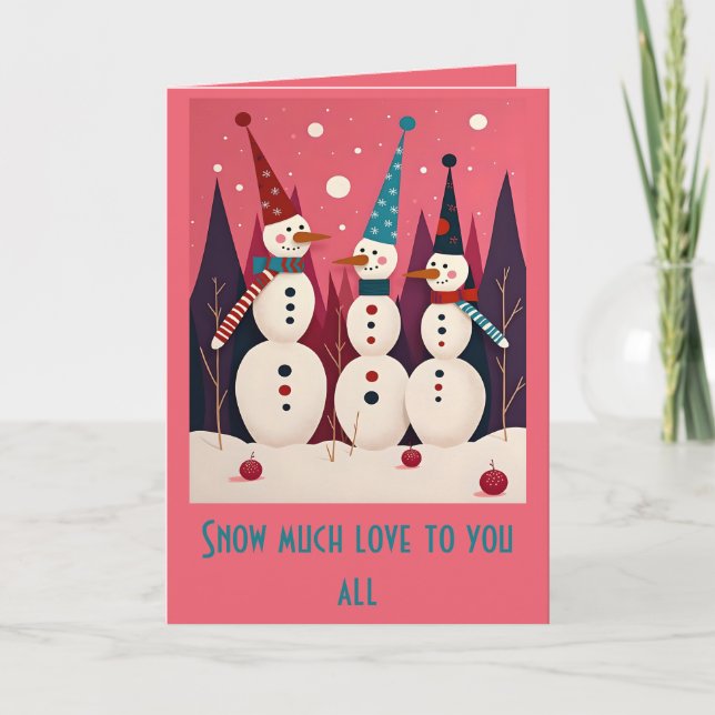 Cartão Snowmen Three Ice Men Pink Theme Kitschmas (Frente)