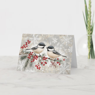 Cartão Snowy Chickadees em Evergreen com Berries