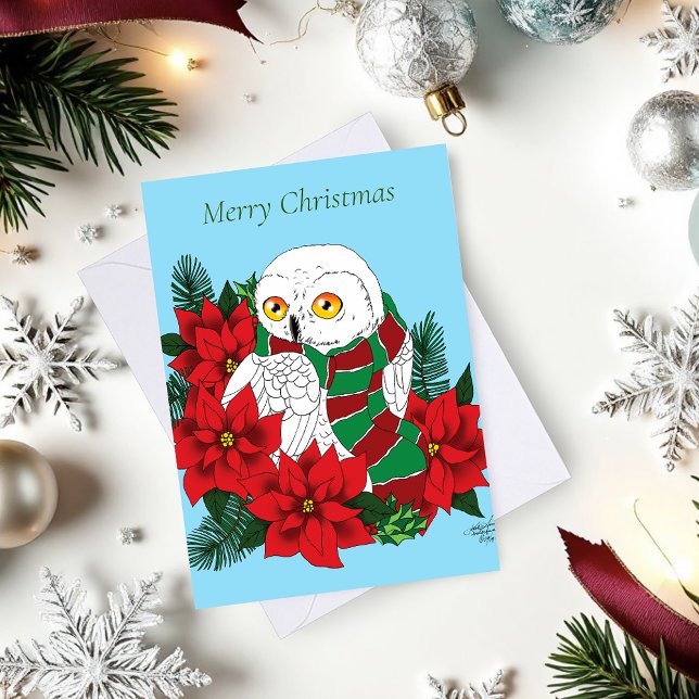 Cartão Snowy Owl Red Poinsettias Natal (Criador carregado)