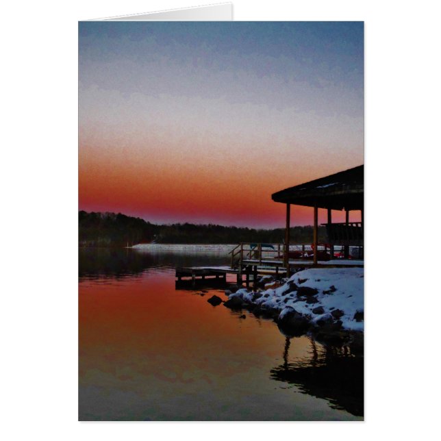 Cartão Snowy Sunset no cais do lago de Arrohead (Frente)