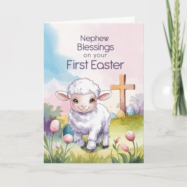 Cartão Sobrinho Bebê Primeiro Easter Cordeiro Religioso C (Frente)