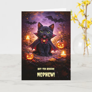 Cartão Sobrinho Feliz Halloween com Morcegos Gato Preto