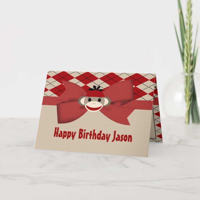 Cartão Sock Monkey Boy Gingham Birthday Party (Frente)