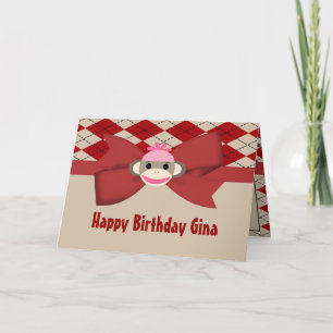 Cartão Sock Monkey Girl Gingham Birthday Party