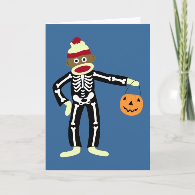 Cartão Sock Monkey Skeleton Halloween (Frente)