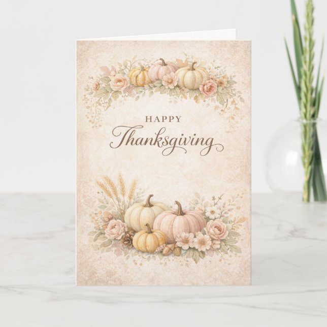 Cartão Soft Blush Floral Happy Thanksgiving Pumpkin (Frente)