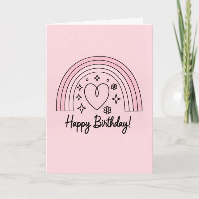 Cartão Soft pink minimalist heart with rainbow birthday (Frente)