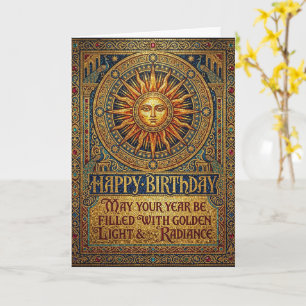 Cartão Sol Dourado Celestial Boho Feliz Aniversário