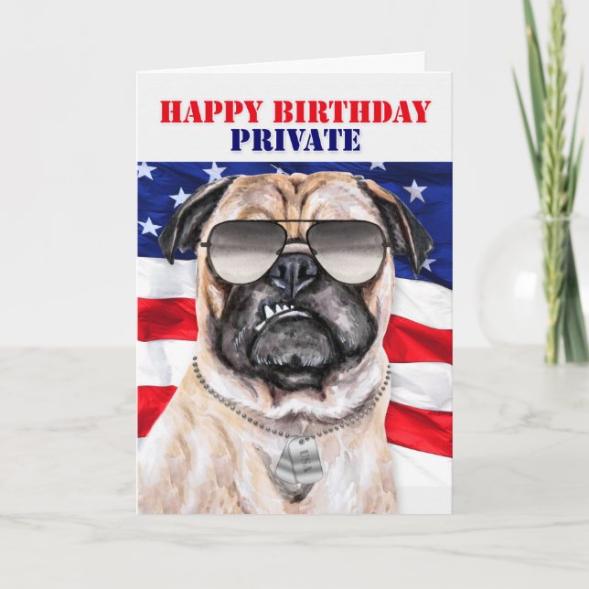 Cartão Soldado militar com aniversário de Pug Soldier eng (Frente)