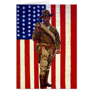 Cartão Soldado Patriótico Vintage com Bandeira Americana