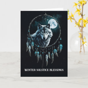 Cartão Solstício de inverno com Lobo na Lua de Dream Catc